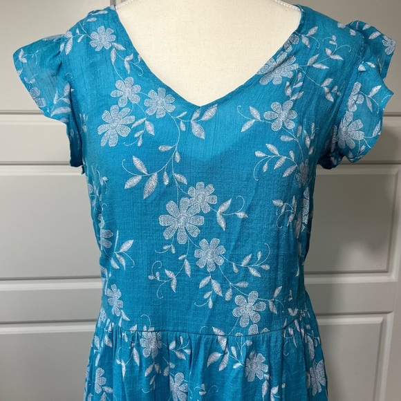 Cato Blue Floral Embroidered Summer Dress Flutter Sleeve Casual Sundress Medium - Picture 2 of 8